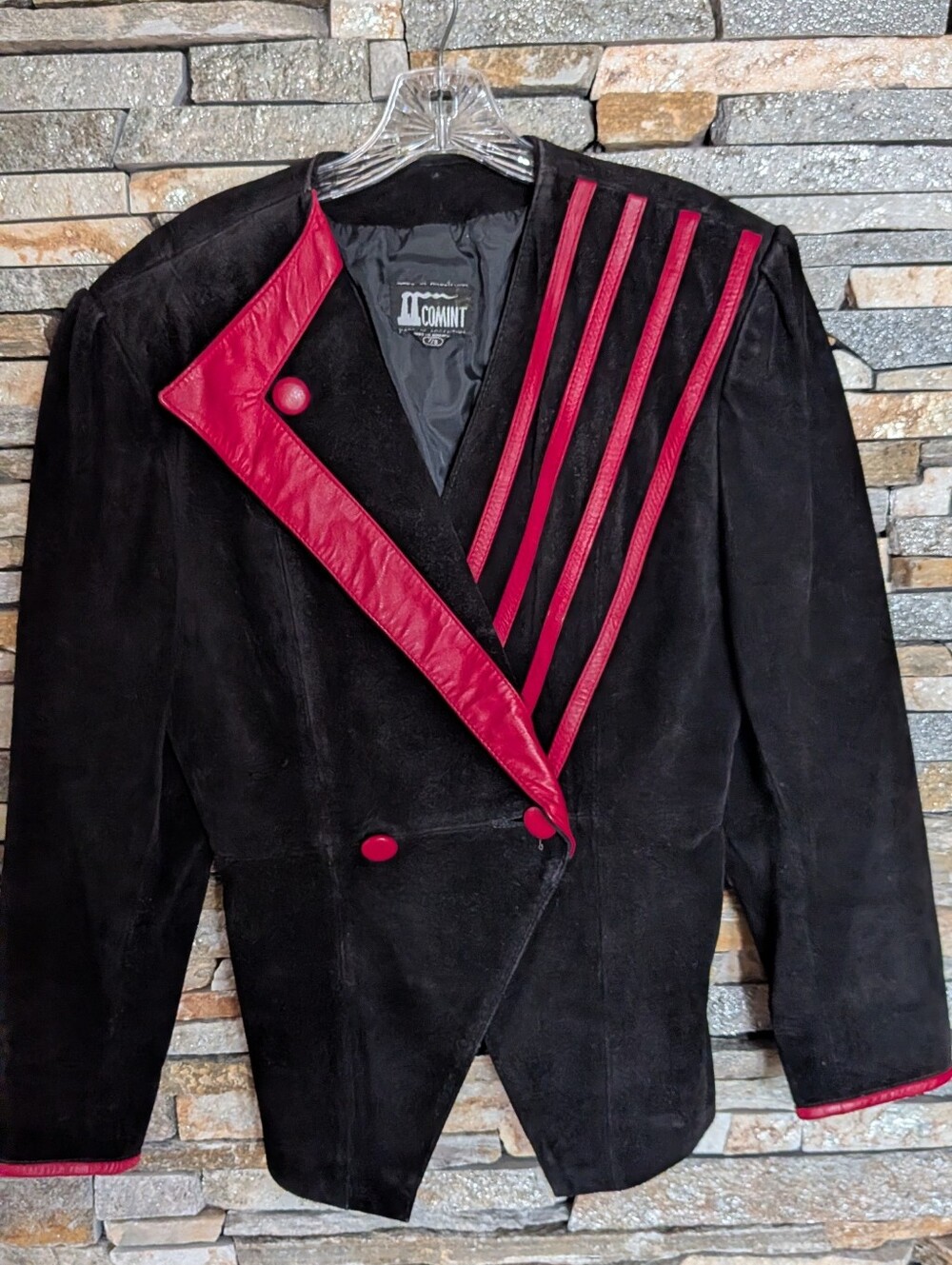 Comint Couture Black Suede Leather Jacket with Red Trim